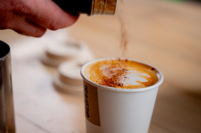 The perfect finishing touch on a freshly brewed, café-quality cappuccino. Close-up of chocolate powder being sprinkled from a shaker onto the frothy top of a cappuccino.